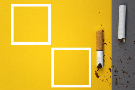 Broken cigarettes lie on gray and yellow background, concept of harmfulness of smokingの写真素材