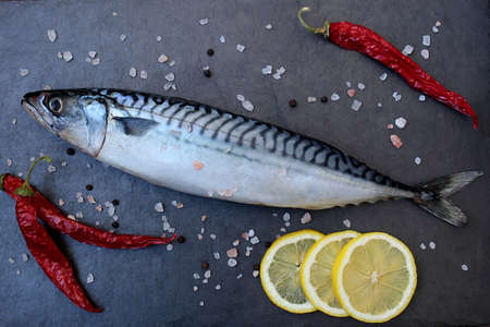 Sea fish mackerel lies on a black stone board with spices.の写真素材