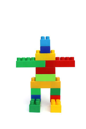 From a bright multicolored constructor built a robot on a white isolated backgroundの写真素材