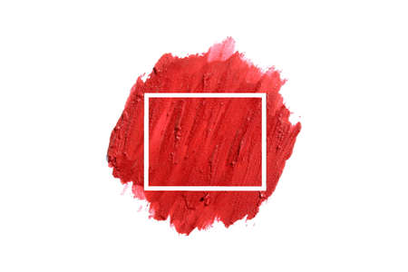 Smeared lipstick on a white background. The drawn rectangle above the drawing. Place for text.の写真素材
