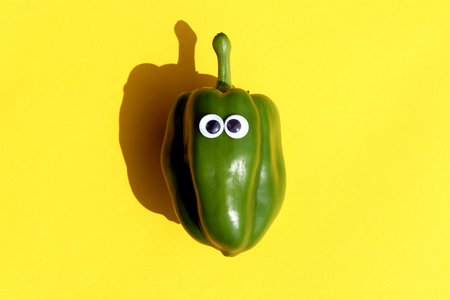 Abstract illustration. Green pepper with glued eyes lies on a yellow background.の写真素材