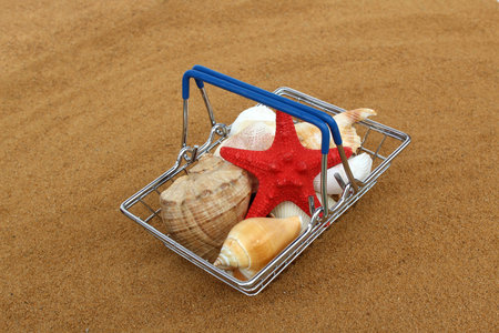 A miniature basket with seashells stands on the sand.