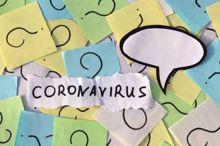 Against the background of question marks lying a paper with a word coronavirus and a bind for writing thoughts.の写真素材
