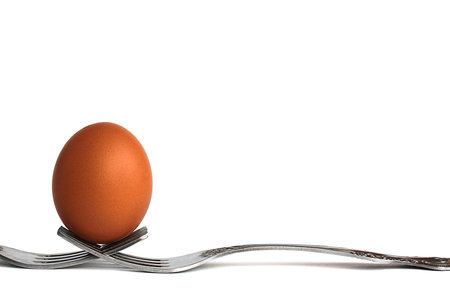 Chicken egg stands on two forks on a white isolated background.