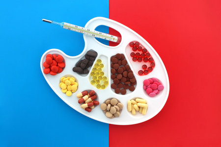 There are various tablets and capsules in the palette.