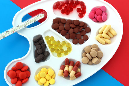 There are various tablets and capsules in the palette.