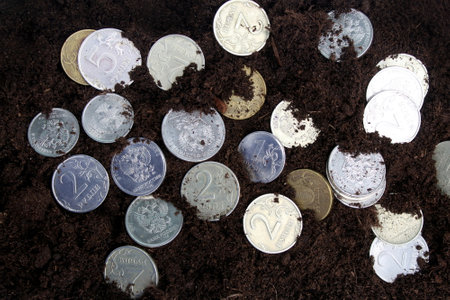 Russian coins lie on the ground.の写真素材