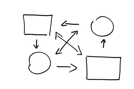 Different squares, circles and ovals drawn by hand on a white background.の写真素材