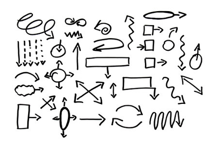 Various abstract lines and symbols drawn by hand on a white backgroundの写真素材