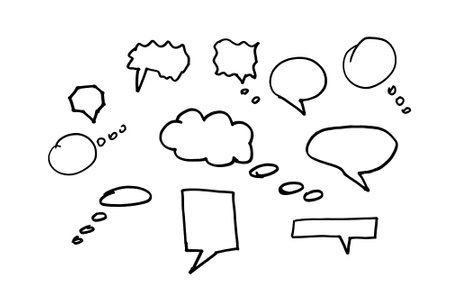 A lot of dialog clouds and windows drawn with a black marker on a white background.の写真素材
