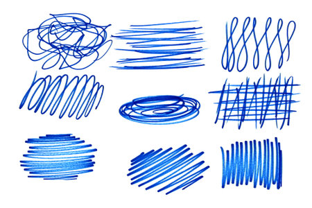 Hand drawn with a blue marker on a white isolated backgroundの写真素材