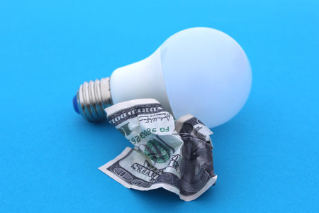 A crumpled banknote lies next to an energy-saving lamp.
