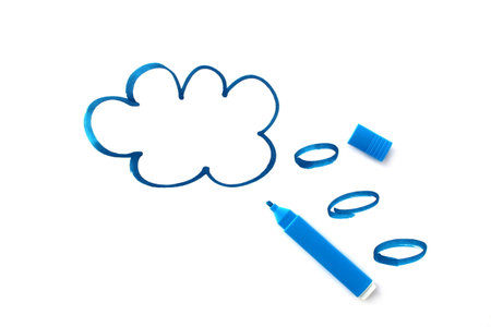 On a white background, a cloud is drawn with a blue marker for writing text.の写真素材