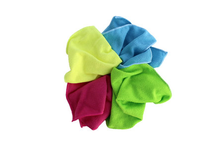 On a white background are rags of bright different colors for cleaning.の写真素材