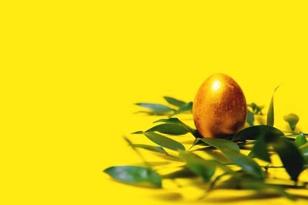 One Golden Easter egg on a yellow background.の写真素材
