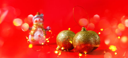 Abstract Christmas background on red. Long banner.
