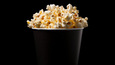 Popcorn on a black background. Delicious snacks.の素材