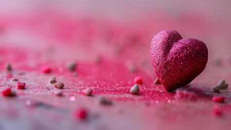 Two red hearts on pink background. Two heart-shaped object is located to the side, there is space for text.の素材