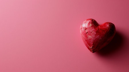 Red heart on pink background. One heart-shaped object is located to the side, there is space for text.の素材