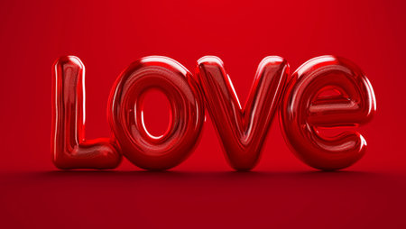 The word Love in red on a red background. Balloons are displayed in a row. Valentines Day. 3D rendering, computer graphics.の写真素材