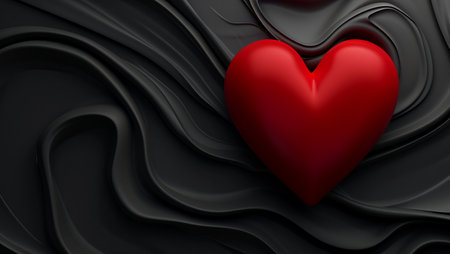 Red heart on a black, cloth background. Black waves of fabric flow through the heart. Stylish image. 8 march and Valentines day.の素材