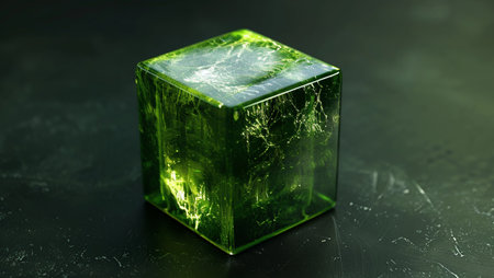 Emerald stone in the shape of a cube on a textured surface. 3D render of a faceted crystal.の写真素材