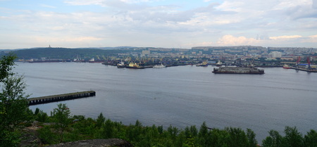 Panoramic view of Kola bay and Murmansk with its busy sea port.の写真素材