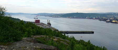 Panoramic view of Kola bay and Murmansk with its busy sea port.の写真素材