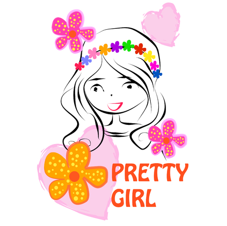 Cute girl with pretty girl lettering illustrationのイラスト素材