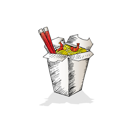 Doodle noodle in box in hand drawn Illustration.のイラスト素材