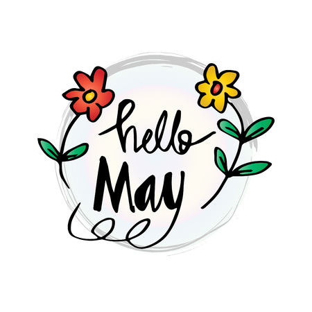 A greeting card design with HELLO MAY in black lettering and illustration of red and yellow flowers with green leaves on both sides isolated in white.のイラスト素材
