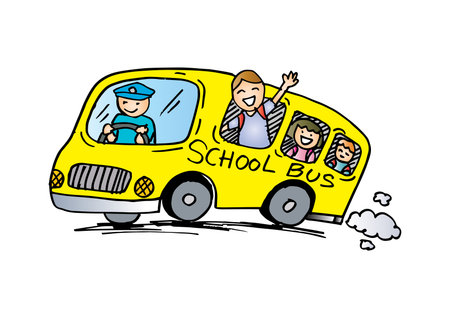 School bus with happy children cartoon style design.