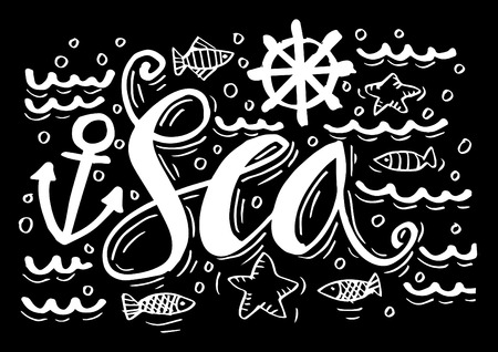 Hand Drawn  illustration with sea decoration elements and text  Seaのイラスト素材