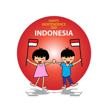 Independence day of Indonesia. Hand drawing boy and girl holding flagのイラスト素材