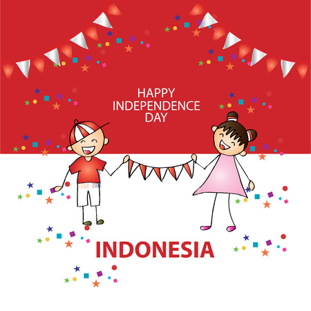Independence day of Indonesia. Hand drawing boy and girl holding flagのイラスト素材
