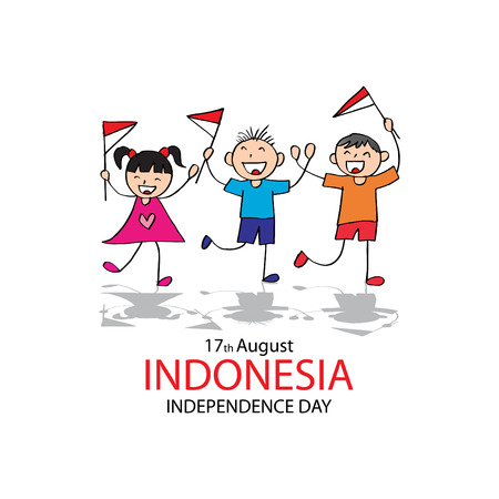 Independence day of Indonesia. Hand drawing boy and girl holding flagのイラスト素材