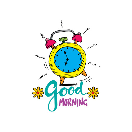 Good morning lettering with hand drawn alarm clockのイラスト素材