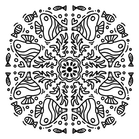 Hand draw of mandala with fish ornament patternのイラスト素材
