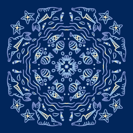 Vector circle of mandala with dolphin sea animals ornament pattern.のイラスト素材