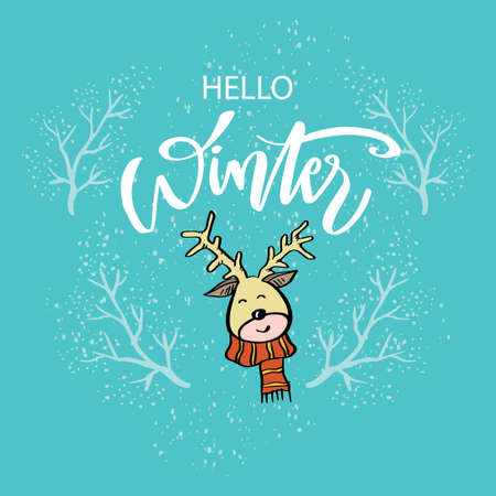 Hello winter greeting card with deer.のイラスト素材