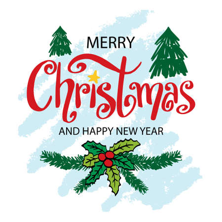 Merry Christmas text decorated with hand drawn branches with red berries and Christmas treeのイラスト素材