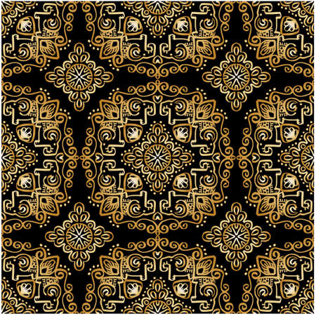 Gold seamless ethnic pattern with mandala flowers and  elephantのイラスト素材