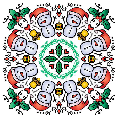 Christmas Mandala Decoration with snowman. Hand drawing illustration.のイラスト素材