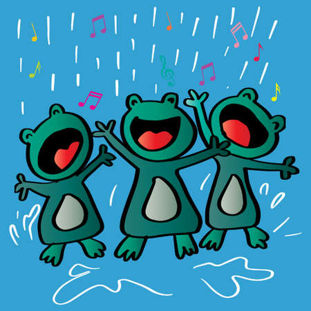 Three frogs singing in the rainのイラスト素材