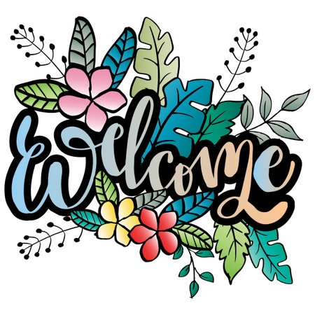 Welcome hand lettering inscription calligraphy with floral ornamentのイラスト素材