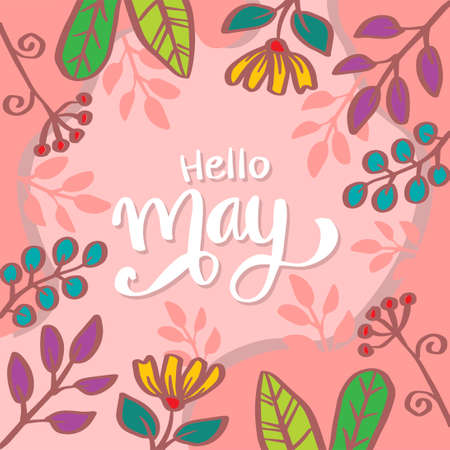 Hello March hand lettering greeting card. With floral ornament.のイラスト素材