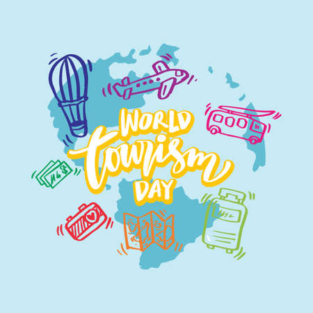 World tourism day hand lettering with travel elementのイラスト素材