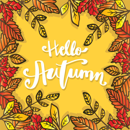 Hello Autumn hand lettering with leavesのイラスト素材