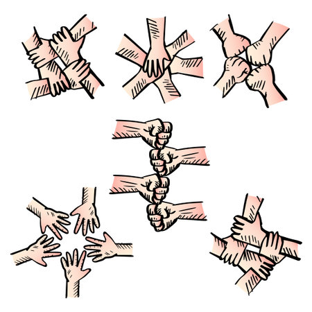 Teamwork unity hands doodle set
