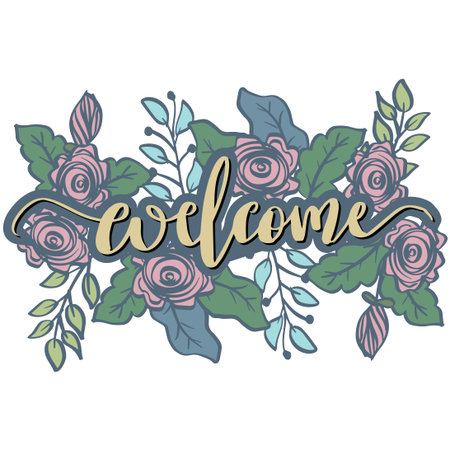 Welcome word hand lettering with roses flower decorationのイラスト素材